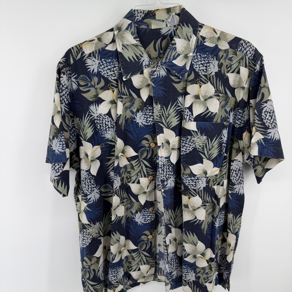 Third Coast Mens Large Tropical Pineapple Hibiscus Cotton Button Up Shirt Navy